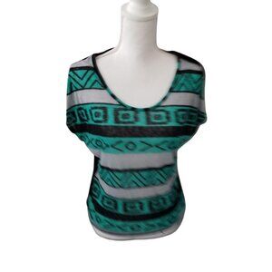 Love J Womens Tribal Print Scoop Neck Short Sleeve Top L Green & Black